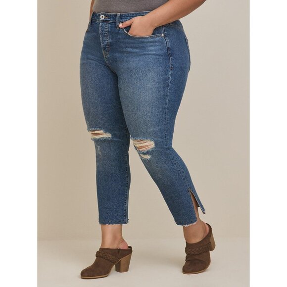 New TORRID High Rise Straight Distressed Raw Hem Button Fly Studded Jeans Sz 16T - Picture 1 of 13